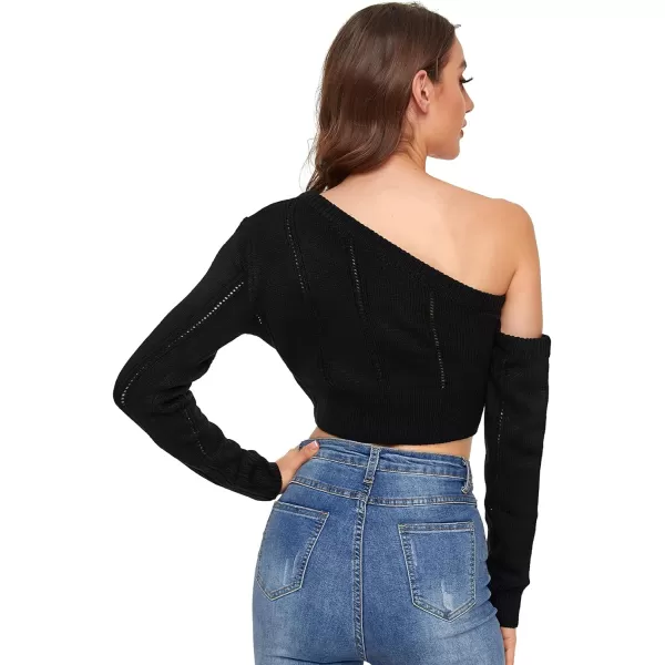WDIRARA Women's One Shoulder Asymmetrical Neck Long Sleeve Crop Sweater Tops