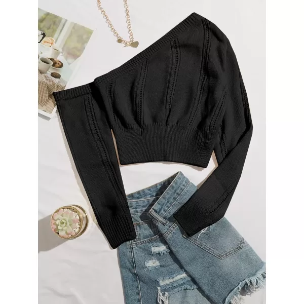 WDIRARA Women's One Shoulder Asymmetrical Neck Long Sleeve Crop Sweater Tops