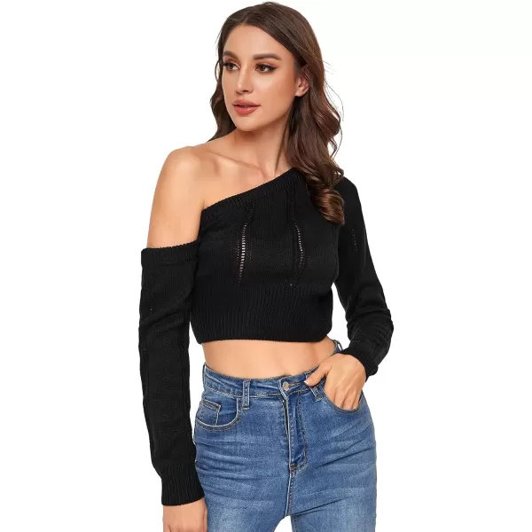 WDIRARA Women's One Shoulder Asymmetrical Neck Long Sleeve Crop Sweater Tops