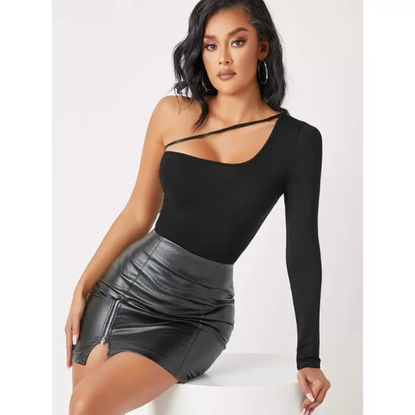WDIRARA Women's One Shoulder Cutout Long Sleeve Elegant Skinny Bodysuit
