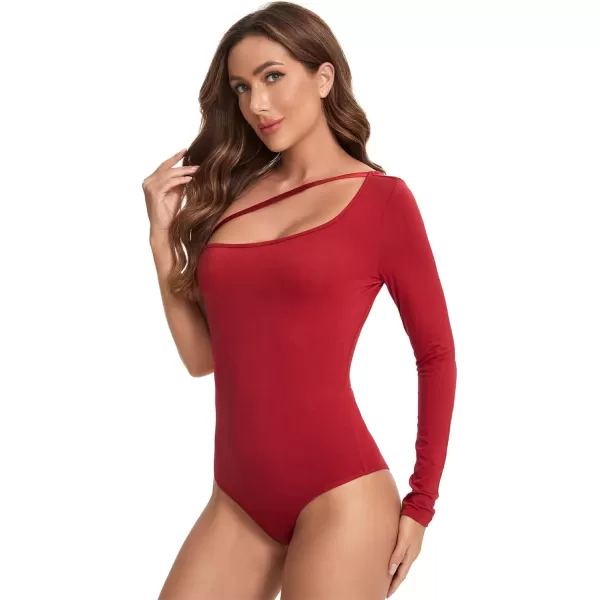 WDIRARA Women's One Shoulder Cutout Long Sleeve Elegant Skinny Bodysuit