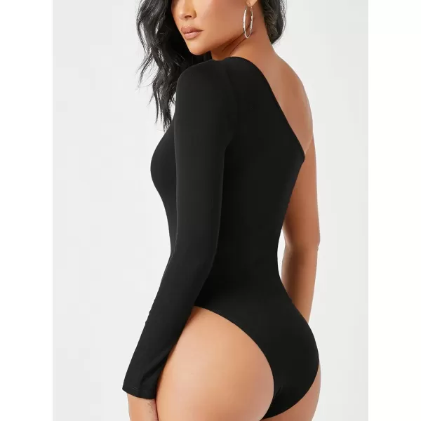 WDIRARA Women's One Shoulder Cutout Long Sleeve Elegant Skinny Bodysuit