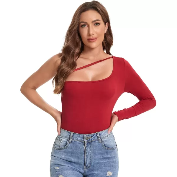 WDIRARA Women's One Shoulder Cutout Long Sleeve Elegant Skinny Bodysuit