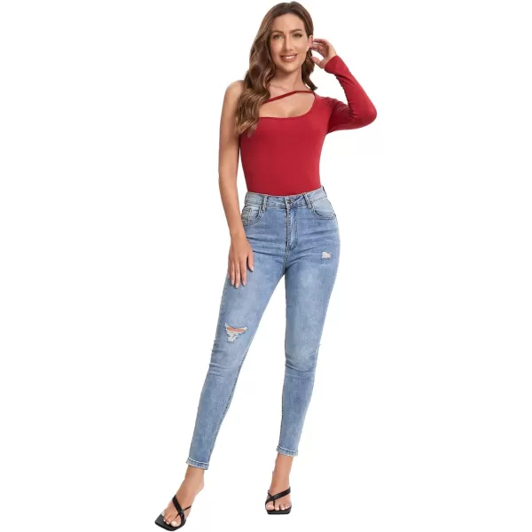 WDIRARA Women's One Shoulder Cutout Long Sleeve Elegant Skinny Bodysuit
