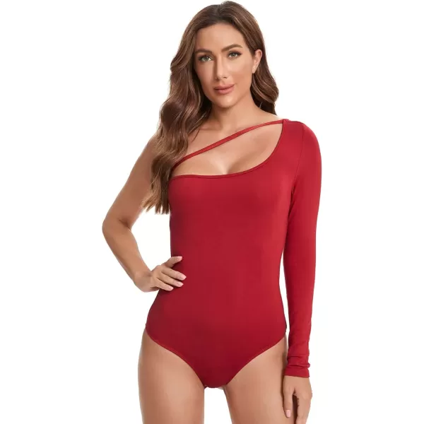 WDIRARA Women's One Shoulder Cutout Long Sleeve Elegant Skinny Bodysuit