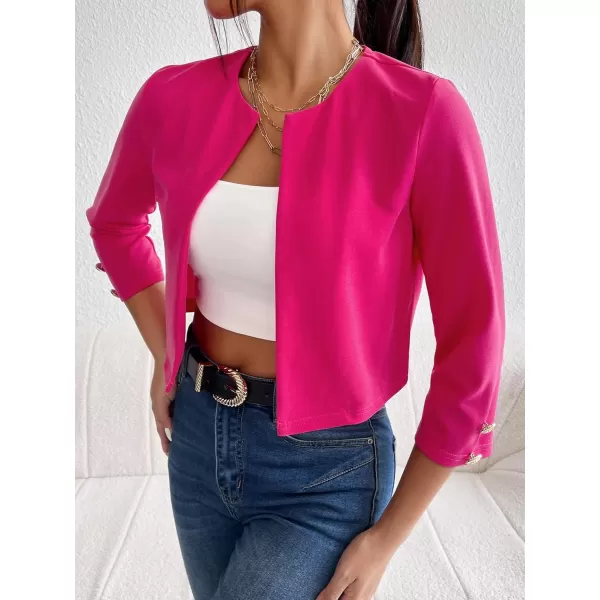 WDIRARA Women's Open Front 3/4 Sleeve Button Cuff Crop Blazer Casual Jackets