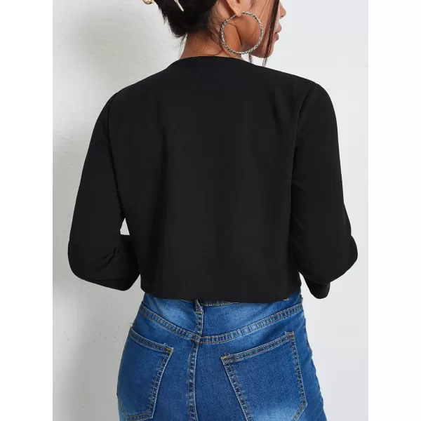 WDIRARA Women's Open Front 3/4 Sleeve Button Cuff Crop Blazer Casual Jackets