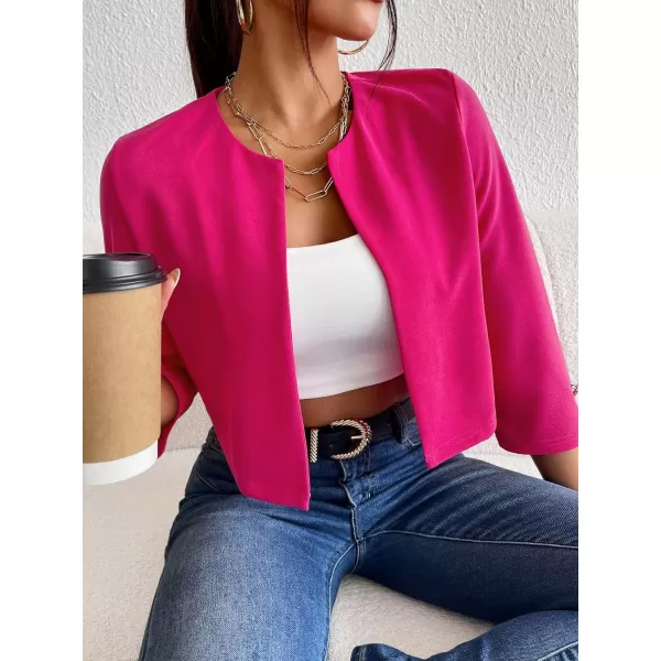 WDIRARA Women's Open Front 3/4 Sleeve Button Cuff Crop Blazer Casual Jackets