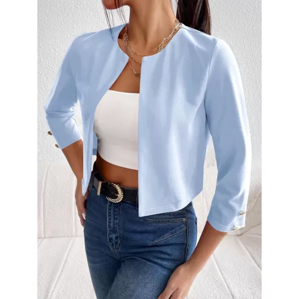 WDIRARA Women's Open Front 3/4 Sleeve Button Cuff Crop Blazer Casual Jackets