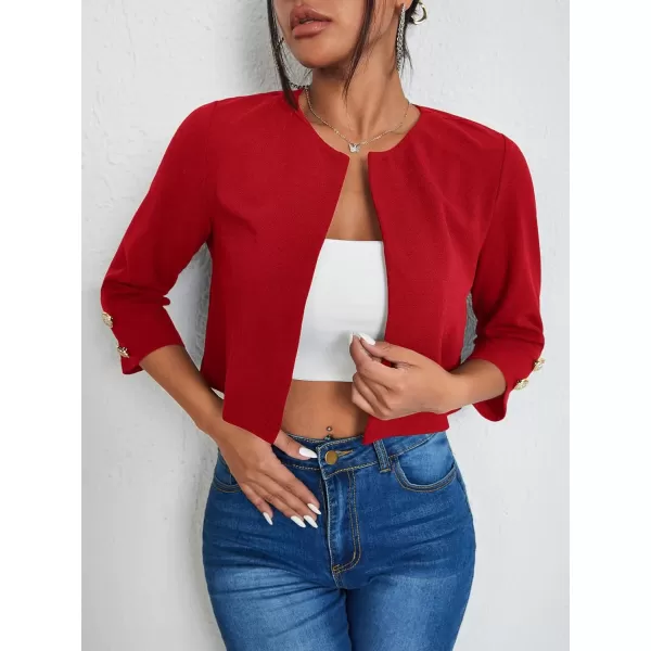 WDIRARA Women's Open Front 3/4 Sleeve Button Cuff Crop Blazer Casual Jackets