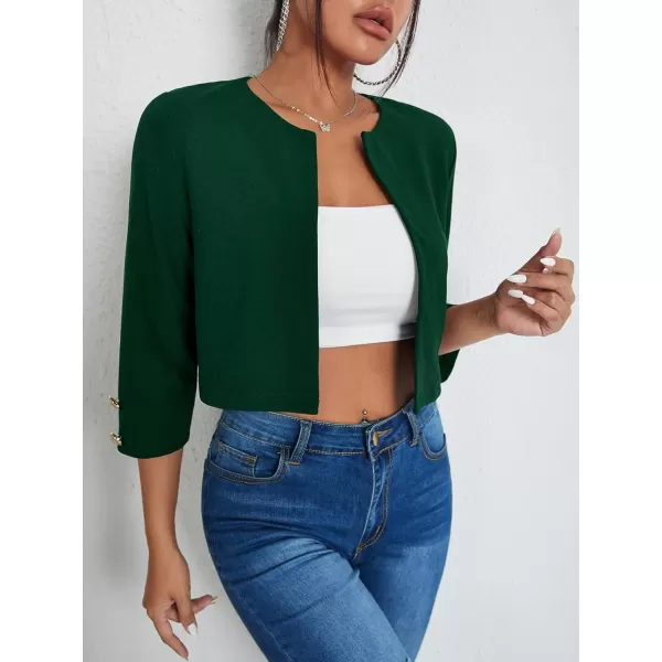WDIRARA Women's Open Front 3/4 Sleeve Button Cuff Crop Blazer Casual Jackets