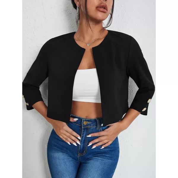 WDIRARA Women's Open Front 3/4 Sleeve Button Cuff Crop Blazer Casual Jackets