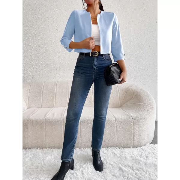WDIRARA Women's Open Front 3/4 Sleeve Button Cuff Crop Blazer Casual Jackets