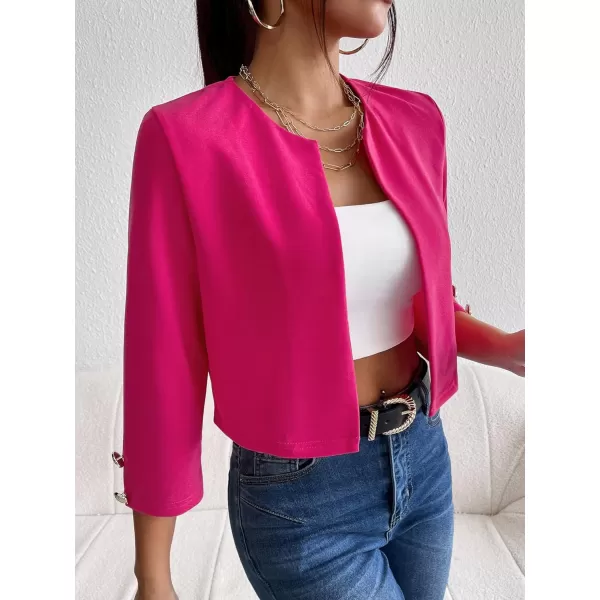 WDIRARA Women's Open Front 3/4 Sleeve Button Cuff Crop Blazer Casual Jackets