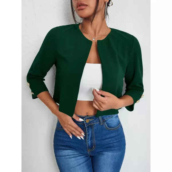 WDIRARA Women's Open Front 3/4 Sleeve Button Cuff Crop Blazer Casual Jackets