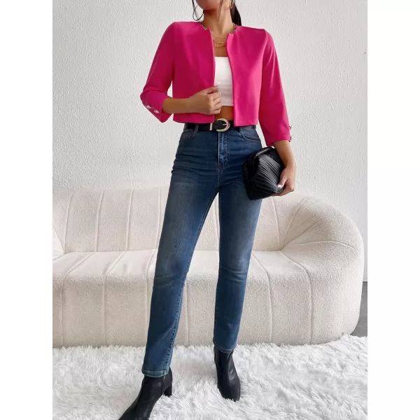 WDIRARA Women's Open Front 3/4 Sleeve Button Cuff Crop Blazer Casual Jackets