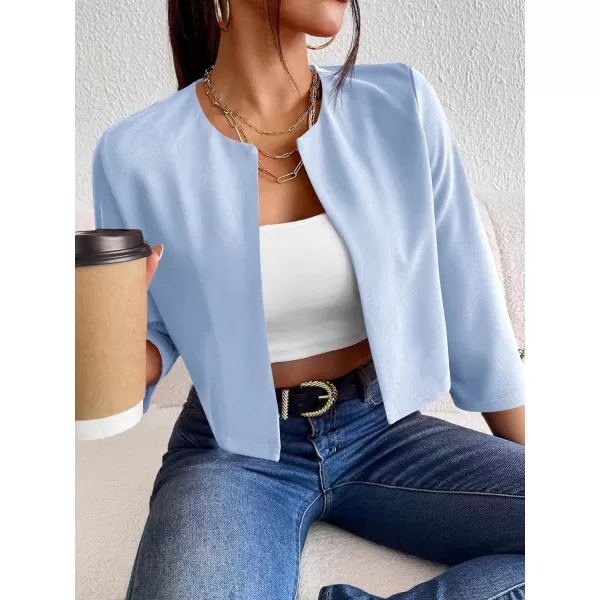 WDIRARA Women's Open Front 3/4 Sleeve Button Cuff Crop Blazer Casual Jackets