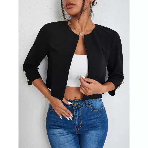 WDIRARA Women's Open Front 3/4 Sleeve Button Cuff Crop Blazer Casual Jackets