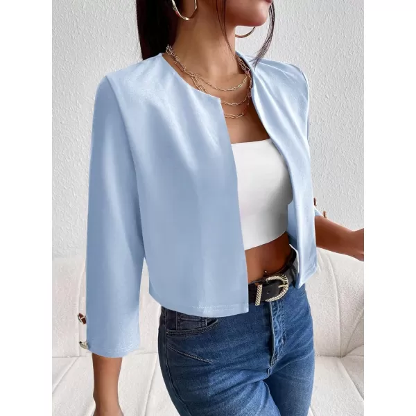 WDIRARA Women's Open Front 3/4 Sleeve Button Cuff Crop Blazer Casual Jackets