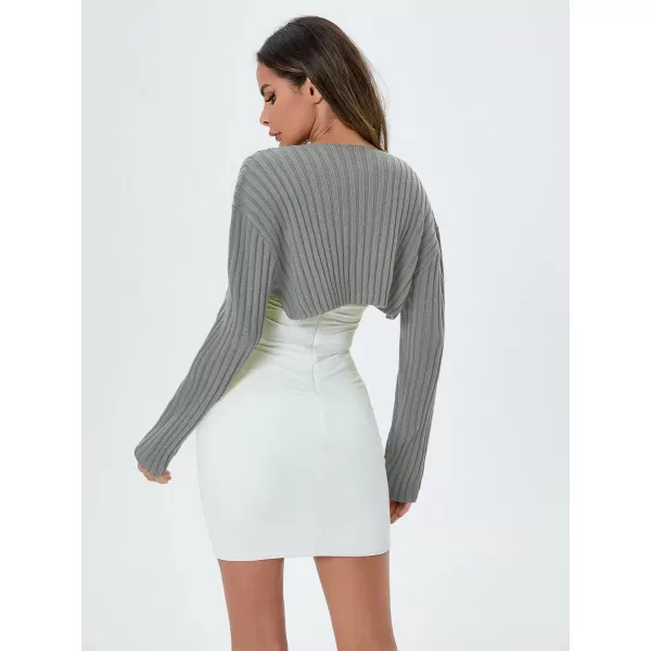 WDIRARA Women's Open Front Drop Shoulder Rib-Knit Long Sleeve Cropped Cardigan Shrug