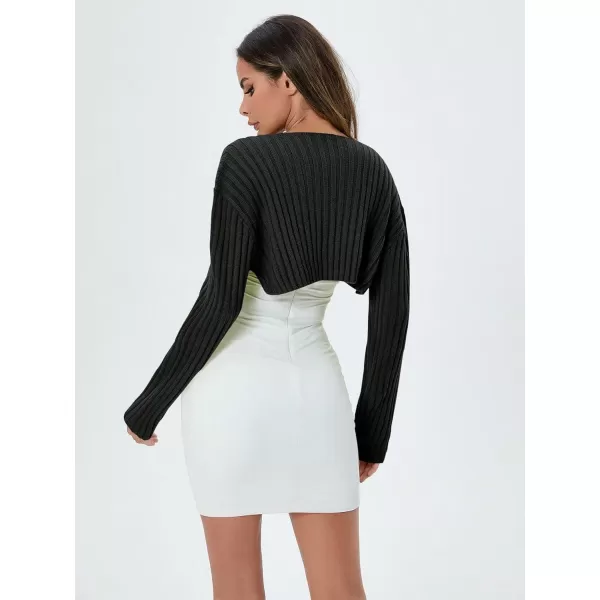 WDIRARA Women's Open Front Drop Shoulder Rib-Knit Long Sleeve Cropped Cardigan Shrug