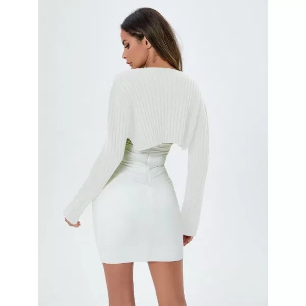 WDIRARA Women's Open Front Drop Shoulder Rib-Knit Long Sleeve Cropped Cardigan Shrug