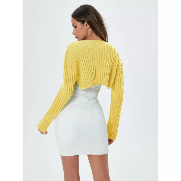 WDIRARA Women's Open Front Drop Shoulder Rib-Knit Long Sleeve Cropped Cardigan Shrug
