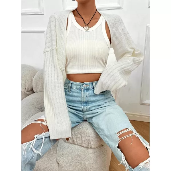 WDIRARA Women's Open Front Drop Shoulder Rib-Knit Long Sleeve Cropped Cardigan Shrug
