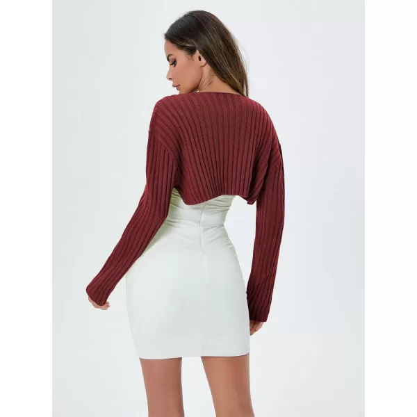 WDIRARA Women's Open Front Drop Shoulder Rib-Knit Long Sleeve Cropped Cardigan Shrug