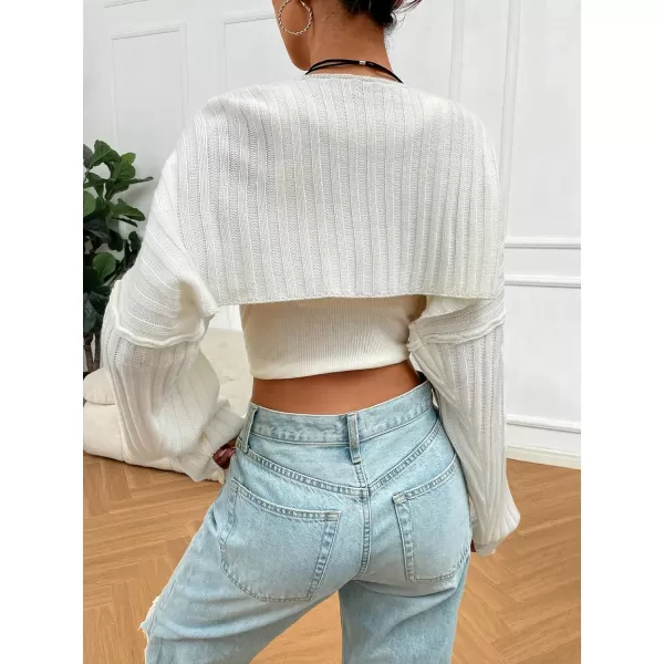 WDIRARA Women's Open Front Drop Shoulder Rib-Knit Long Sleeve Cropped Cardigan Shrug