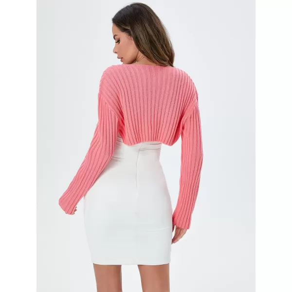 WDIRARA Women's Open Front Drop Shoulder Rib-Knit Long Sleeve Cropped Cardigan Shrug