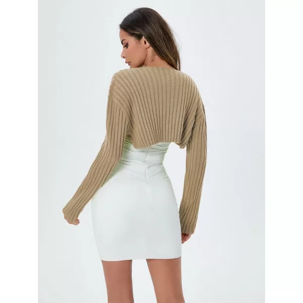 WDIRARA Women's Open Front Drop Shoulder Rib-Knit Long Sleeve Cropped Cardigan Shrug