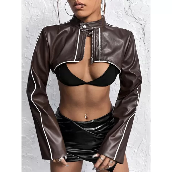 WDIRARA Women's PU Leather Contrast Binding Super Crop Jacket Long Sleeve Stand Collar Short Jacket Outerwear
