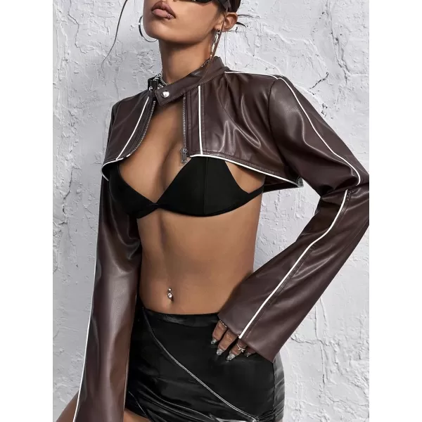 WDIRARA Women's PU Leather Contrast Binding Super Crop Jacket Long Sleeve Stand Collar Short Jacket Outerwear
