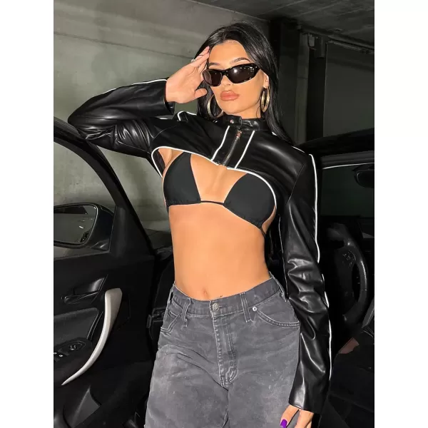 WDIRARA Women's PU Leather Contrast Binding Super Crop Jacket Long Sleeve Stand Collar Short Jacket Outerwear