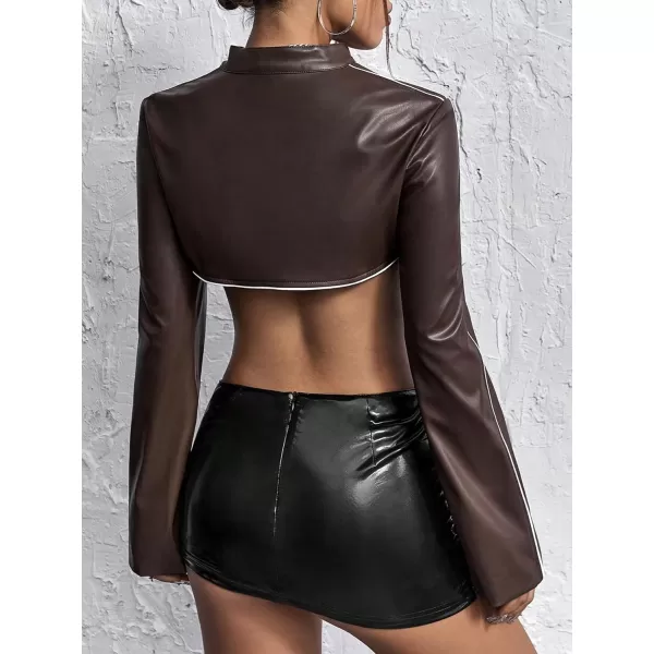 WDIRARA Women's PU Leather Contrast Binding Super Crop Jacket Long Sleeve Stand Collar Short Jacket Outerwear