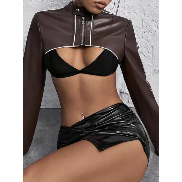 WDIRARA Women's PU Leather Contrast Binding Super Crop Jacket Long Sleeve Stand Collar Short Jacket Outerwear