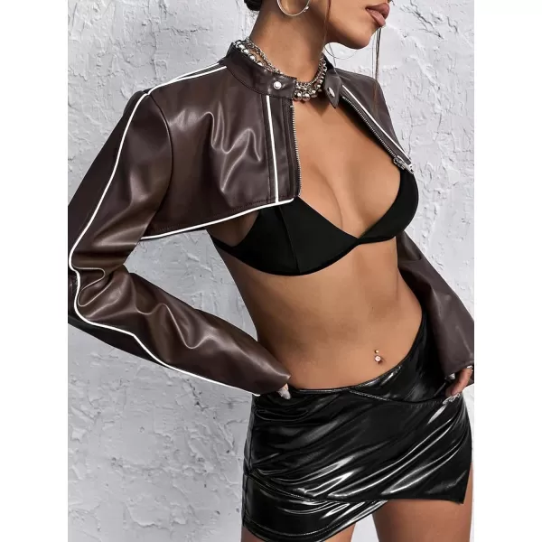 WDIRARA Women's PU Leather Contrast Binding Super Crop Jacket Long Sleeve Stand Collar Short Jacket Outerwear