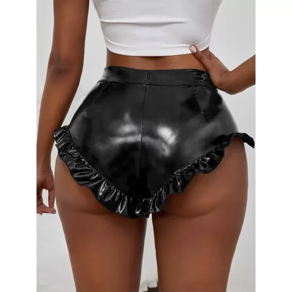 WDIRARA Women's PU Leather High Waisted Booty Shorts Ruffle Hem Skinny Shorts