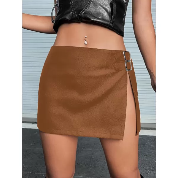WDIRARA Women's PU Leather High Waisted Slit Zip Fly Sexy Party Club Mini Skirt