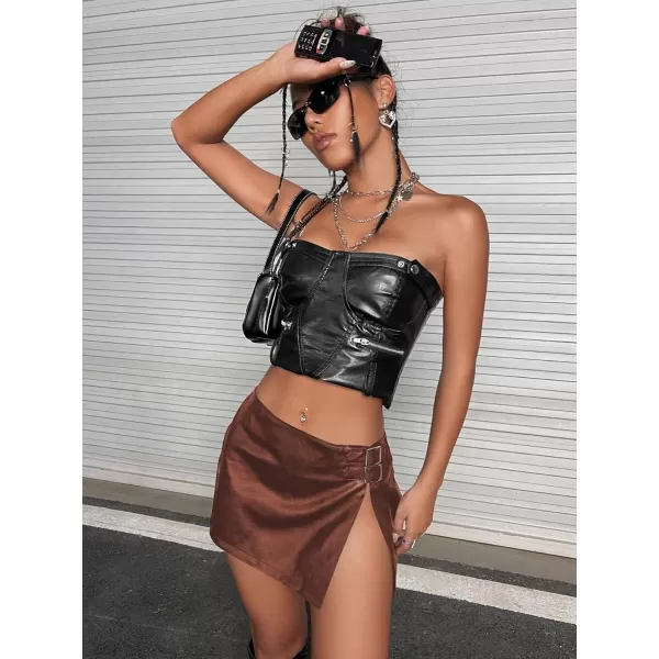 WDIRARA Women's PU Leather High Waisted Slit Zip Fly Sexy Party Club Mini Skirt