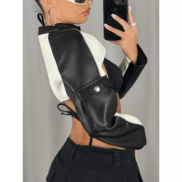 WDIRARA Women's PU Leather Letter Graphic Crop Jacket Zip Up Collared Long Sleeve Casual Jacket Crop Outerwear