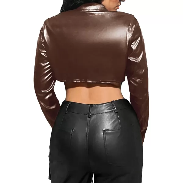 WDIRARA Women's PU Leather Letter Graphic Crop Jacket Zip Up Collared Long Sleeve Casual Jacket Crop Outerwear