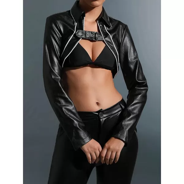 WDIRARA Women's PU Leather Letter Graphic Crop Jacket Zip Up Collared Long Sleeve Casual Jacket Crop Outerwear
