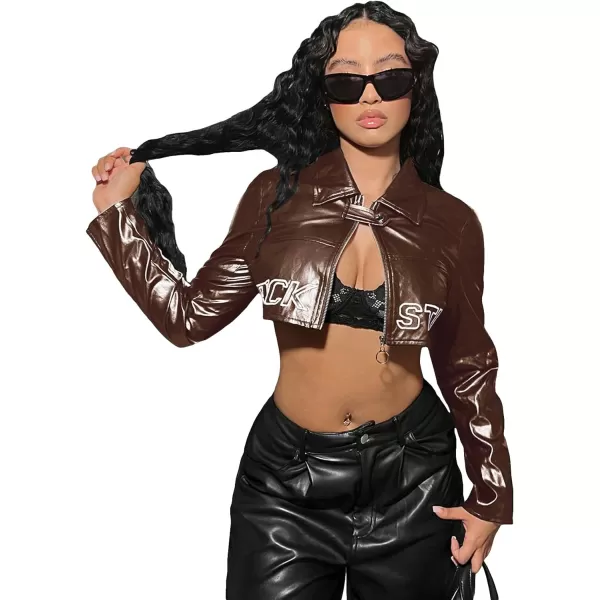 WDIRARA Women's PU Leather Letter Graphic Crop Jacket Zip Up Collared Long Sleeve Casual Jacket Crop Outerwear