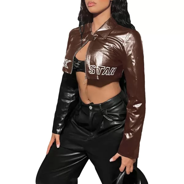 WDIRARA Women's PU Leather Letter Graphic Crop Jacket Zip Up Collared Long Sleeve Casual Jacket Crop Outerwear