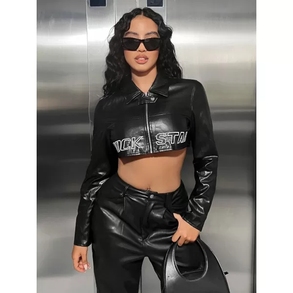 WDIRARA Women's PU Leather Letter Graphic Crop Jacket Zip Up Collared Long Sleeve Casual Jacket Crop Outerwear