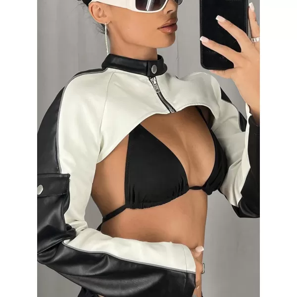 WDIRARA Women's PU Leather Letter Graphic Crop Jacket Zip Up Collared Long Sleeve Casual Jacket Crop Outerwear