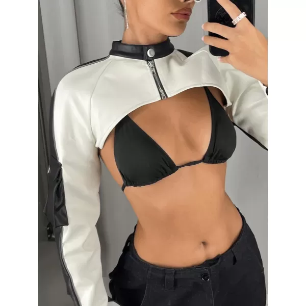 WDIRARA Women's PU Leather Letter Graphic Crop Jacket Zip Up Collared Long Sleeve Casual Jacket Crop Outerwear