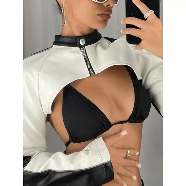 WDIRARA Women's PU Leather Letter Graphic Crop Jacket Zip Up Collared Long Sleeve Casual Jacket Crop Outerwear